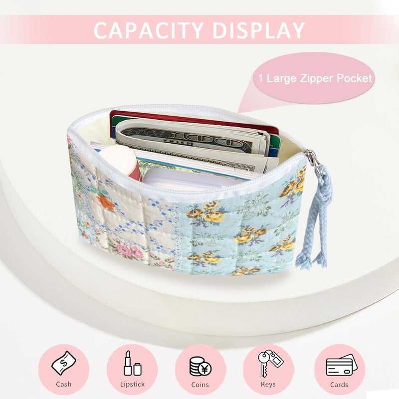 Modacarry Store Cotton Quilted Floral Coin Purse Digital Camera Pouch with Cute Prints Zipper for Women Girls (BLUE DISTY PATCH) - Image 2